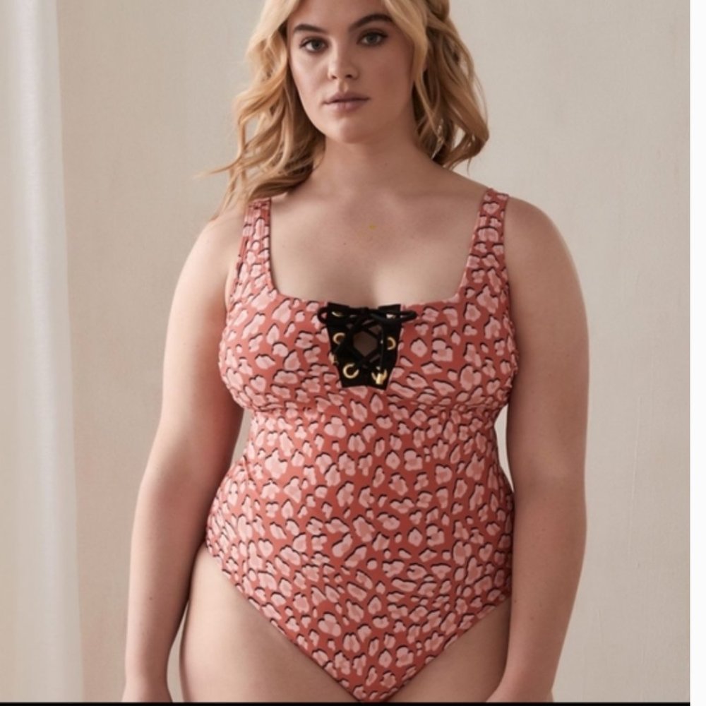 Lace Up Leopard One Piece Swimsuit Plus Size
